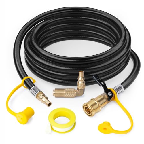 Rushare 12FT Propane Quick Connect Hose for Blackstone 17 & 22inch Tabletop Griddle RV Quick Connect Propane Hose with Elbow Conversion Fitting 1/4 Shutoff Valve & 1/4 Male Full Flow Plug