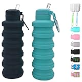 LIZADIN Collapsible water bottles 2 Pack with brush,BPA Free Travel Silicone Water Bottle with Carabiner,Reusable Foldable Portable Lightweight Sports bottles for Gym Camping Hiking (Black+Aqua blue)