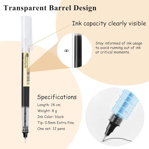 Image of like it 0.5mm Roller Pen Color ink Straight Liquid Rollerball Gel Pen for School Office Stationery Pack of 12 (Black)