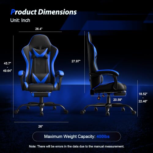 Image of Gaming Chair, Ergonomic Computer Chair with Footrest and Lumbar Support, Height Adjustable Video Game Chair with 360 Swivel Seat and Headrest for Office, Home, Streaming and Gaming (Blue)
