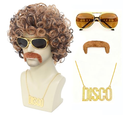 Image of 70s 80s Disco Costume Wig Set for Men - Afro Curly Wig with Mustache, Gold Sunglasses & Disco Necklace, Halloween Cosplay 70s Party Outfit Accessory (Blonde Mixed Brown)