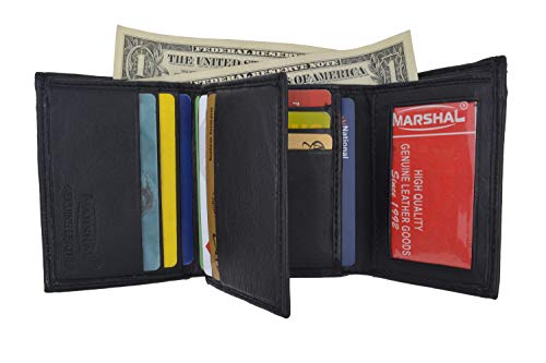 100% Genuine Leather Marshal Tri-fold Mens Wallet Black #1307CF