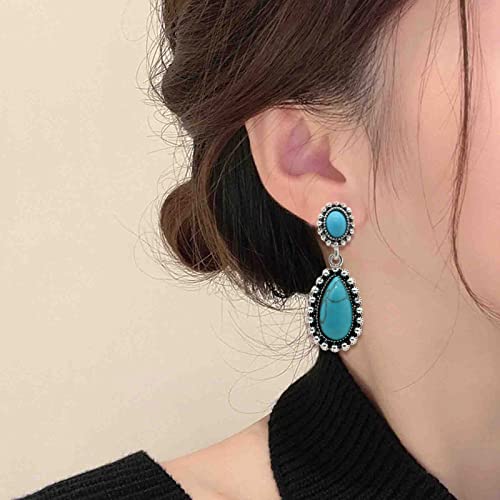 Vintage Boho Statement Drop Earrings Oval Imitate Turquoise Ethnic Charms Flower Dangle Earring For Women Girls Jewelry Gift(Blue A) #TOP3