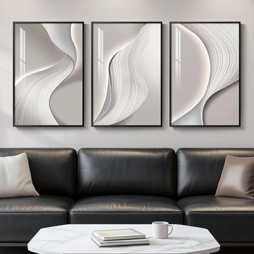 Framed Modern Abstract Wall Art, 3 Piece Minimalist Bright Style Prints Paintings Artwork for Walls, Silver Gray Contemporary Luxury Pictures for Living Room Bedroom Dining Room Wall Decor 16x24 In