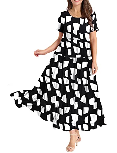 Image of YESNO Women Casual Loose Bohemian Floral Dress with Pockets Short Sleeve Long Maxi Summer Beach Swing Dress EJF