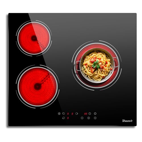 Disaenvir Piano Cottura Vetroceramica 3 Fuochi da 5200W, Riscaldamento a Doppio Anello, Piastra Cottura Elettrico Controllo Flessibile Della Temperatura, Sicurezza per i Bambini, con Timer