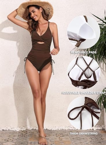 Aleumdr Tummy Control One Piece Swimsuit for Women Sexy V Neck High Cut Bathing Suit Cutout Tie Side Monokini Brown Large - Image 5