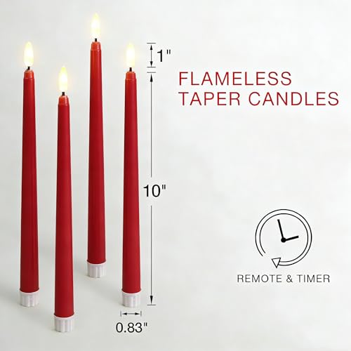 Image of Red Flameless Taper Candles with Remote, Flickering Battery LED Candlesticks Decor Set of 4