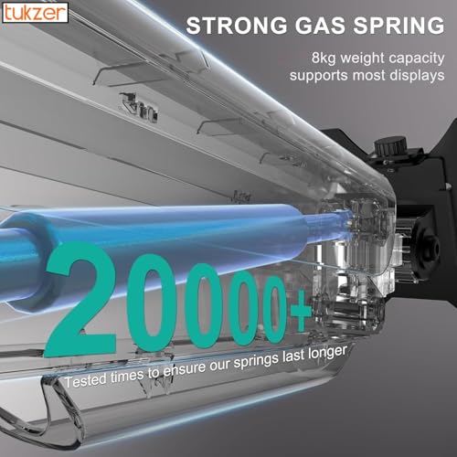 Image of Tukzer Single Gas Spring Monitor Arm, Computer Screen Monitors Stand /Desk Mount (13 inch-32 inch) with C-Clamp & Grommet Mounting Base,Full Motion Tilt /Swivel /Rotation /Aluminium Build,VESA 75x75 & 100x100 mm
