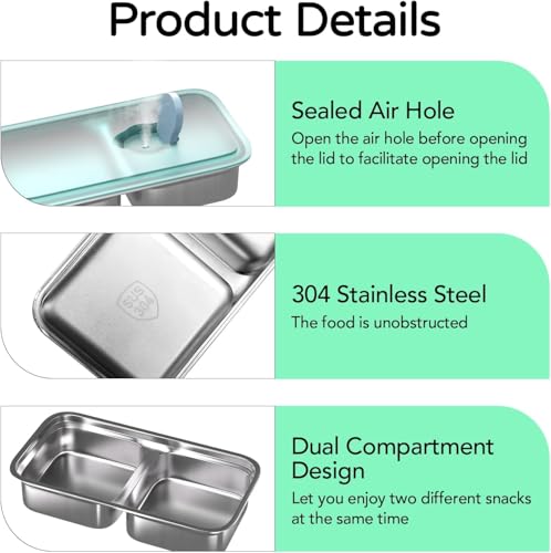 Image of Sinbyuer Stainless Steel Snack Containers, 2 Compartment Bento Box with Lids - Reusable, Leakproof, for Snacks Dips Travel and Outdoor Camping (1)