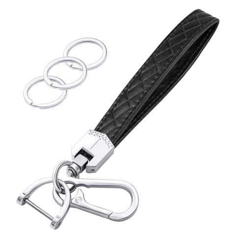 OHKYOOT Leather Wristlet Keychain,Car Key Chain Wrist Keychain with 3 Key Ring and Anti-Lost D Ring (Black Silver)