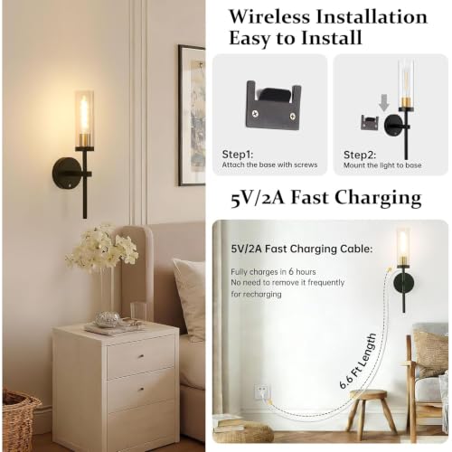 Image of Shenmoyl Set of 2 Wall Sconces, 5200 mAh Battery Operated Wall Sconce with 3 Colors & Remote Control, Black Gold Rechargeable Wall Lamp with Clear Glass Shade for Bedroom, Bathroom, Stairwell, Hallway