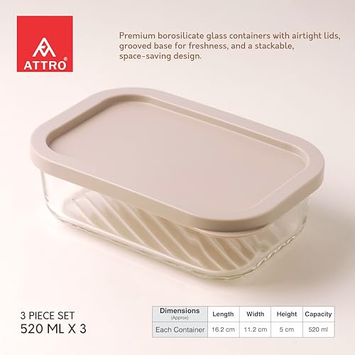 Image of ATTRO Storeit Borosilicate Glass Storage Containers - 520ml, Set of 3, Transparent & Stackable with PE Lids, Microwave, Fridge & Dishwasher Safe, Ideal for Kitchen & Leftovers- Ivory