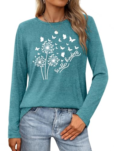 HQP Women's Flower Graphic Long Sleeve Tees Shirts Cute Dandelion Sunflower T Shirt Funny Casual Tee Tops