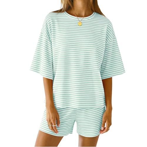 Image of RUEWEY Women Striped Pajama 3 /4 Sleeve Crew Neck Tops Shorts Lounge Set Pjs
