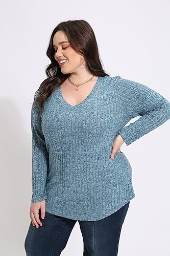Image of RITERA Plus Size Sweater, Ribbed Long Sleeve Solid Top for Women | Soft vertical ribbed knit, modest V neck, loose long sleeves, curved swing hem, slimming casual layering top for curvy women