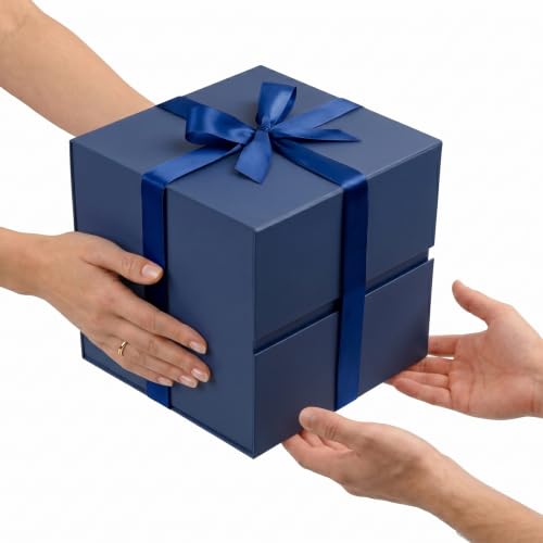Image of LIFELUM Navy Blue Cube Gift Box 8.6 x 8.6 x 8.6 inch, 1 Pack Magnetic Closure Gift Box with Ribbon, Greeting Card, Shredded Paper Filler for Business, Graduation, Birthday Gifts