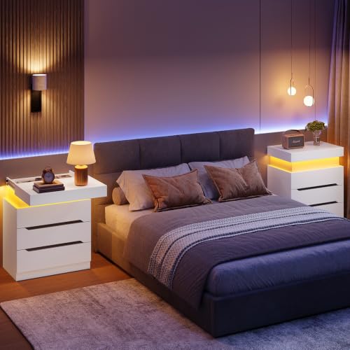 Image of TEENFON Nightstands Set of 2, Night Stand with 3 Drawers, Nightstand with App-Controlled Adjustable LED Light, Bedside Table with Slidable Hidden Storage Space, Modern Nightstands for Bedroom,White
