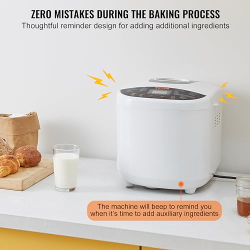Image of VEVOR Bread Maker, 19-in-1 2LB Dough Machine, Nonstick Ceramic Pan Automatic Breadmaker with Gluten Free Setting, Whole Wheat Bread Making, Digital, Programmable, 3 Loaf Sizes, 3 Crust Colors, White
