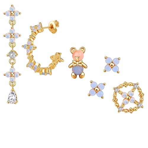 BodyBonita 6 Pezzi Orecchini in Delicati per Donna - Orecchini in Argento Sterling Ipoallergenici per Cartilagine per Donna Pendenti a Forma di Fiore Blu Set Placcati in Oro 18 Carati