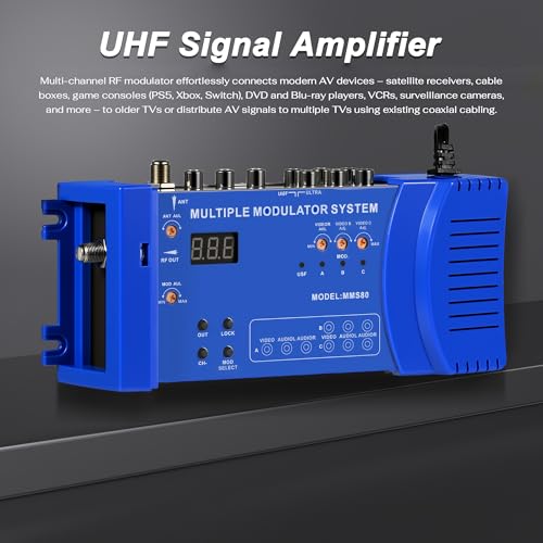 RF Modulator, 3 RCA AV to Coaxial Converter, UHF Signal Amplifier Multiple CATV Channel Switch for Satellite Receiver DVD VCR STB, Supports NTSC PAL Multiple TVs