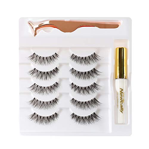 Newcally Natural Wispy Lashes False Eyelashes with Glue Set 5 Pairs Light Volume Fake Eyelashes Handmade Soft Reusable Eye Lashes Pack