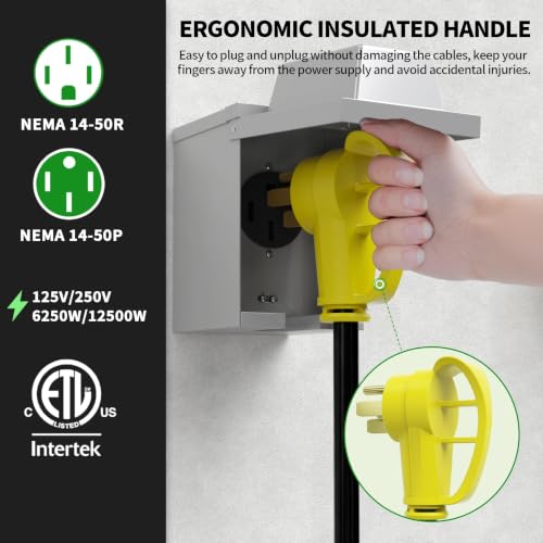 Image of NEMA 14-50P to 14-50R 50 FT 50 Amp RV /EV Extension Cord Outdoor | 50 Foot 4 Prong Heavy Duty RV Power Cord Waterproof with Cable Organizer, STW 50A 125 /250V 6250 /12500W, Yellow, ETL Listed