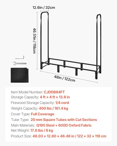Image of VEVOR Firewood Rack with Waterproof Cover, 4 ft Outdoor Firewood Holder, 1 /4 Cord Storage Metal Log Holder, 400lb Max Weight Capacity, Full Covered, Powder-Coated Wood Storage Rack for Fireplace Deck