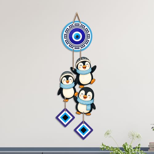 Image of Artvibes Penguin Family Evil Eye Wall Hanging Decor for Kids Room | Living Room | Bedroom | Cute Nazar Battu Protection Ornament | Positive Energy Wall Accent Gift (WH 85147N)