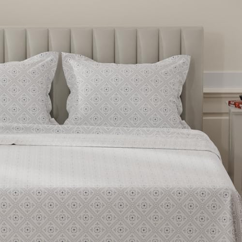 Image of Layers 100% Cotton Bedsheet for King Size Bed | Lumina Floret Collection | 144 TC Soft & Breathable | Printed with 2 Pillow Covers | Wrinkle Free & Colorfast | 3 Piece Bedding Set - Grey & White