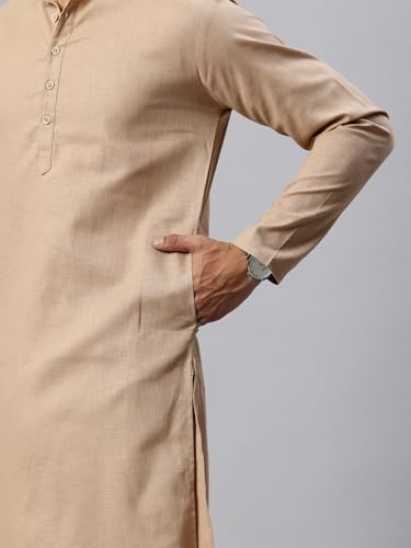 Image of Majestic Man Men's Cotton Regular Fit Casual Mandarin Collar Ethnic Motifs Solid Long Kurta