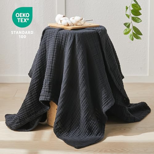 EMME Cotton Muslin Twin XL Blanket Breathable Gauze Blanket Soft Lightweight Blankets Adults Gifts for Women (Black, 66"x90")