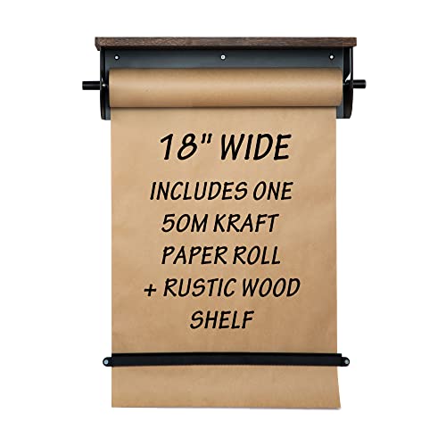 Image of Rawsons Wall-Mounted 18" Kraft Paper Roll Dispenser w/Cutter – Includes 50m Kraft Paper Roll & Rustic Wood Shelf Perfect for Artwork, to-Do Lists, Ideas Ideal for Home, Office, Business Use