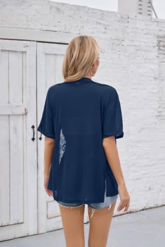 Image of Iandroiy Women's Lightweight Open Front Cardigans Casual Short Sleeve Blouse Tops