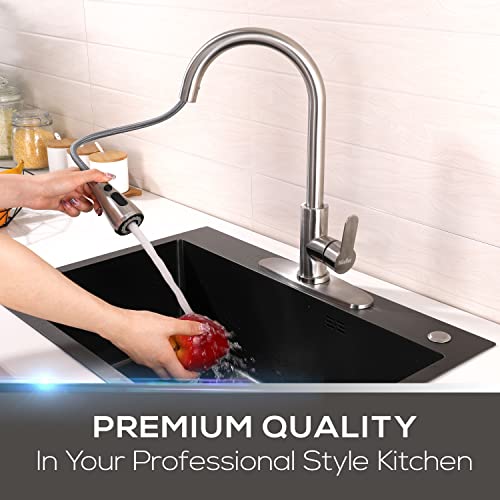 Mueller Kitchen Sink Faucet, Single Handle Stainless Steel Kitchen Faucets, Single Lever, Pull-Out Sprayer Head, High Arc, Stream Flow, Kitchen Faucet With Sprayer And Deck Plate Brushed Nickel Finish #TOP1