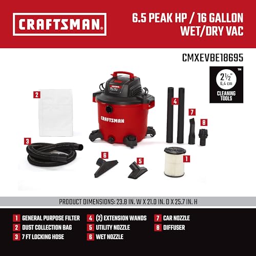 CRAFTSMAN CMXEVBE18695 16 Gallon 6.5 Peak HP Wet Dry Vac, Heavy-Duty Shop Vacuum Wet and Dry with Filter, Muffler/Diffuser, Dust Bag, Hose and Attachments for Home Projects & Renovations by CRAFTSMAN - Image 3