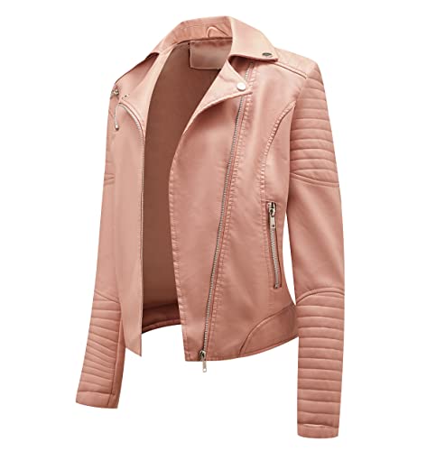 Blouson Simili Cuir Faux Leather Jacket Femme Veste Biker Motard Imitation Cuir Oversize PU Grande Taille Blousons Moto Vintage Rose M