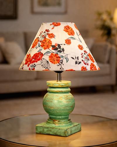 Image of Homesake Small Table Lamp with Green Wooden Base, E27 Holder Bedside Night Lamp for Bedroom Living Room, Decorative Study Desk Lamp Office, Warm Ambient Lighting for Home Decor, Gift, (Marigold)