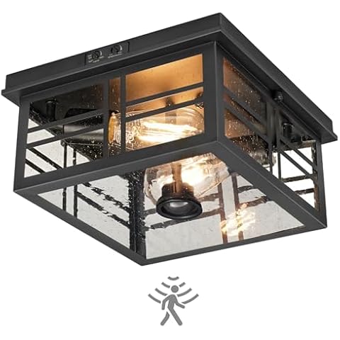 GOEBLESON Infrared Sensor Outdoor Ceiling Light, Flush Mount Motion Sensor Ceiling Light, 2-Light Black with Bubble Glass, Bulbs Not Included, 3 Modes, for Porch, Garage, Hallway, Patio, BQ08XD05 Cover