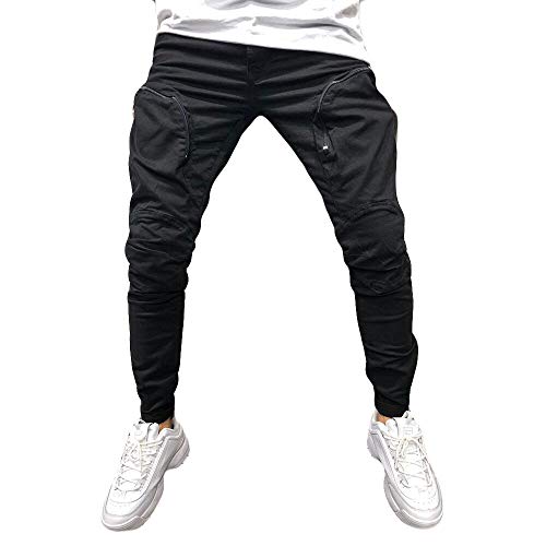 Preisvergleich Produktbild Xmiral Herrenhosen Neue Persönliche Reißverschluss-Tasche Elastisch Kleiner-Fuß Sports Einfarbig Hose(L,A Schwarz)