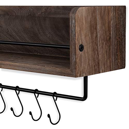 Rustic State William Wall Mount Floating Shelf with Rail and Hooks | Farmhouse Design 20 Inch Torched Distressed Wood Vintage (Distressed Walnut) - Thumbnail 4