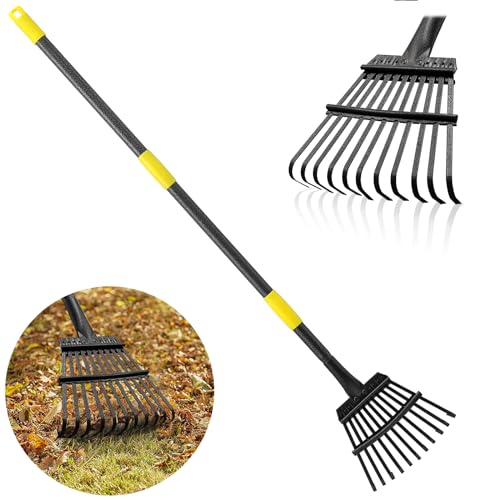 Rake, Garden Leaf Rakes for Lawns Heavy Duty, Yard Metal Rake Tools with 9" Small Narrow Rake Head, 65” Adjustable Long Handle, 11 Steel Tines, Quick Clean up Rake for Shrub, Flower Bed, Camping by Feblomst - Used condition - US$16.55