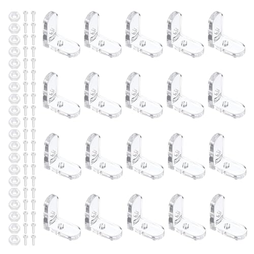 CHUANFU 20 Pièces L-Equerre Transparent, 90 Degrés Acrylique Equerre Fixation, 40 Vis et 40 Écrous Inclus, Transparent Support D'angle pour Meubles et Boîtes en Bois
