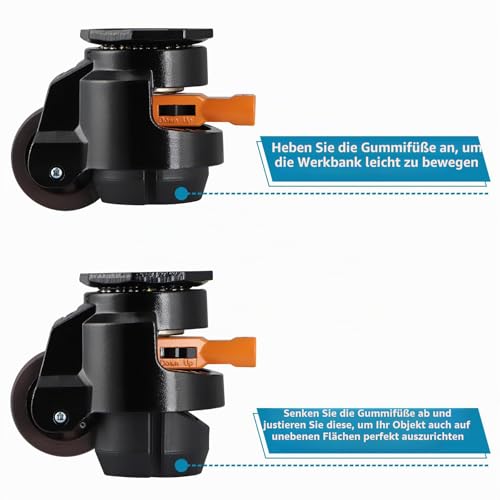 Skelang 4 Stück Nivellierrollen mit Stange, 60S Lenkräder, robust, einziehbare Rollen mit Ratschengriff für Werkbank, Maschinenausrüstung