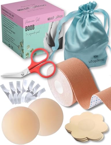 UTOPIKOO Boob Tape.Cinta Adhesiva Pecho 5m+2 Pezoneras Adhesivas Invisibles Silicona Reutilizables 8,5 cm.+10 Cubre Pezones Saten+50 Cinta Doble Cara Ropa y Piel+Tijeras+ Bolsita Viaje- Set Premium