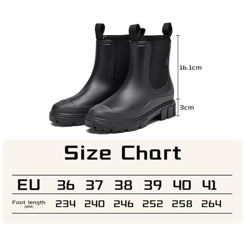 GemChve Gummistiefel Damen Gefüttert Wasserdicht Gummistiefel Halbhohe Chelsea Boots rutschfeste Stiefeletten Regenstiefel Regenschuhe Gummistiefeletten Warm Gartenschuhe Black 40EU