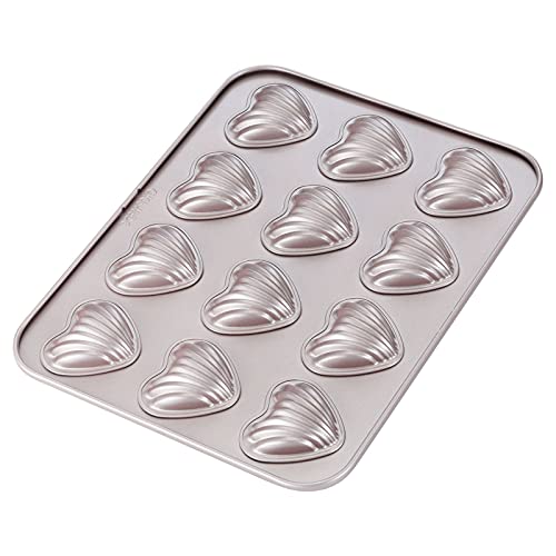 CHEFMADE Madeleine Mold Cake Pan 12-Cavity Non-Stick Heart-shaped Shello Madeline Bakeware for Oven Baking (Champagne Gold)