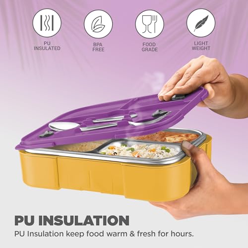 Image of MILTON Sports Ethan 3 | KKR Official Drinkware Partner| Inner SS Tiffin Box, 3 Partition,Steam Release Plug | PU Insulated,Leak-Proof | Lunch Box for Kids,Boys,Girls with Snap Lock Lid| 600 ml, Gold