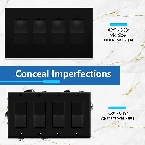Image of LIDER Quadruple Decorator Switch Cover, Screwless Wall Plate, Mid-Size 4-Gang 4.88 inch x 8.58 inch, LSWP-34M-BK, UL Listed, Thermoplastic, Matte Black, 1-Pack