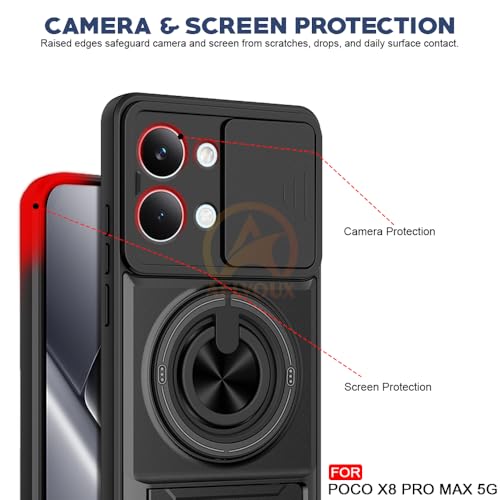Image of Poco X8 Pro Max 5G Back Cover | Armor Camera Slider 360 Degree Rotating Finger Ring Holder Case with Bracket Stand Back Case Cover (Compatible with MagSafe Accessories) (Black)